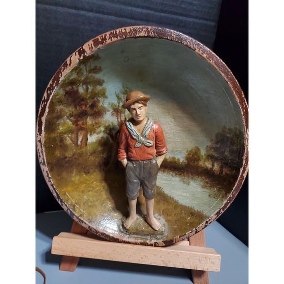 Antique 1900s painted Wood Bowl Wall Art Boy Figurine Rustic Decor Handmade - Picture 1 of 7